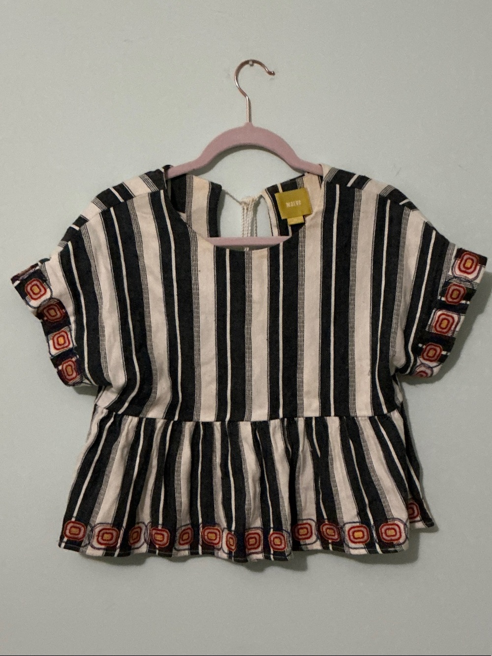 Maeve Black and White Striped Peplum Tunic with Embroidered Red-Orange Accents